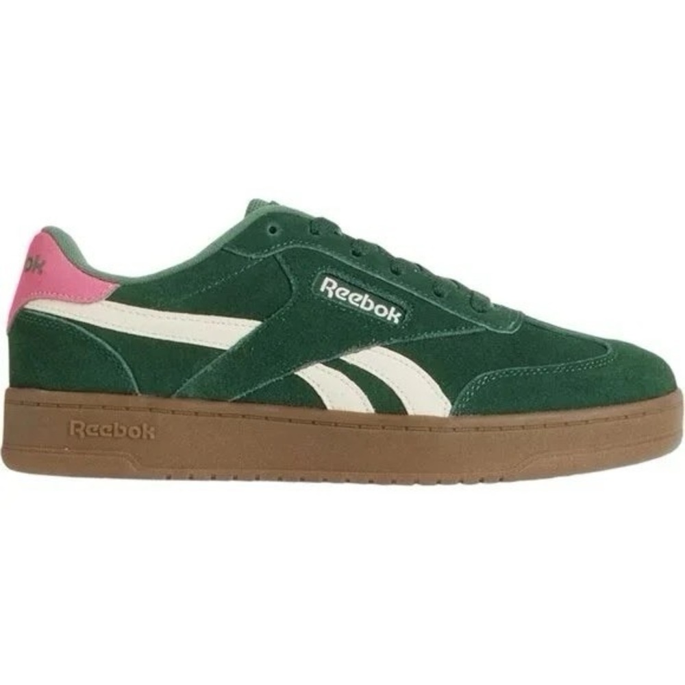 Reebok Women’s Green Suede Low-Top Sneaker with Cream Stripes and Pink Heel